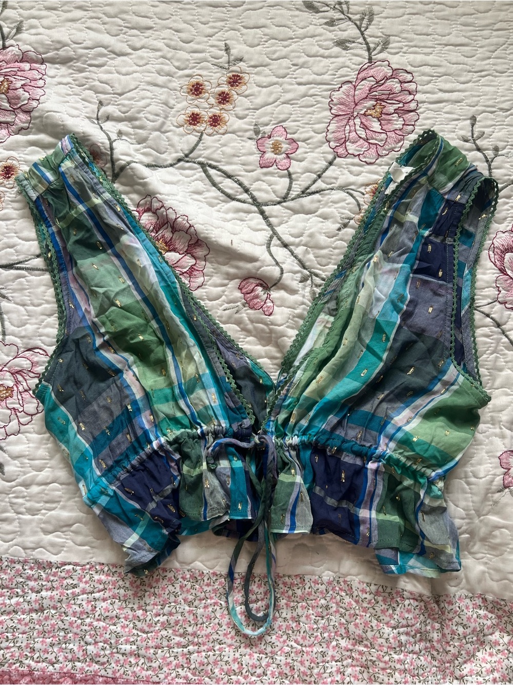aerie Green and Blue Striped Tie-Front V-Neck Camisole